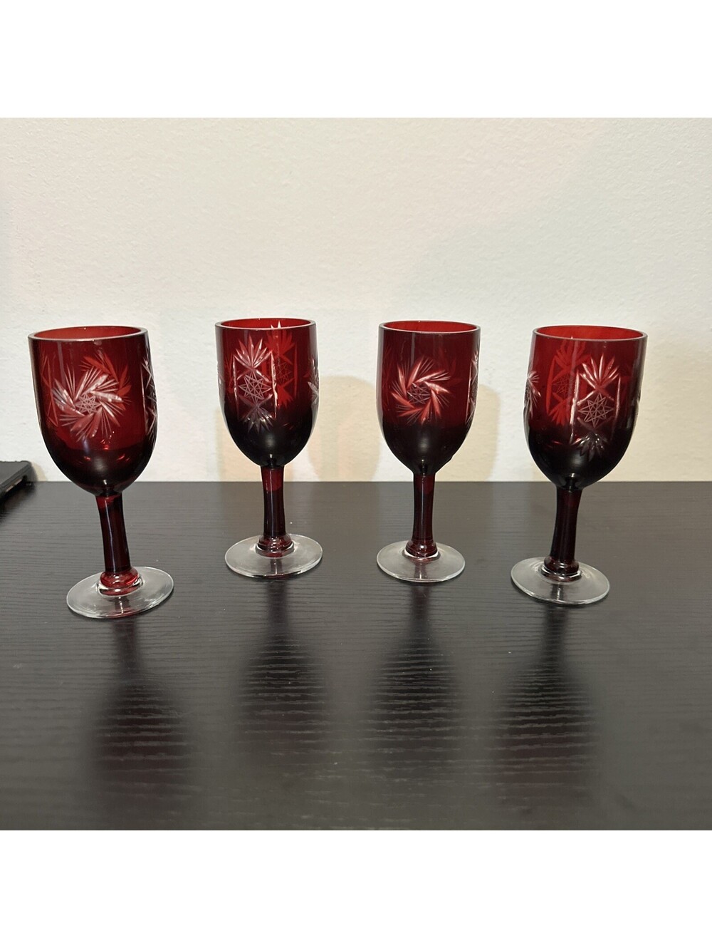 Mid-Century Bohemia Cut Crystal Ruby Red Etched Stemmed Cordial Set of 4